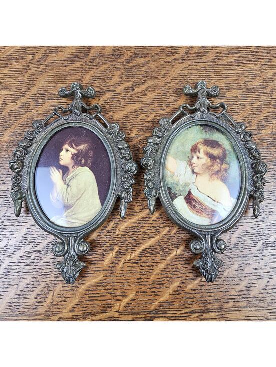 Other - Vintage Italian Child Portrait Wall Plaques Pair Ornate Cast Metal Frames